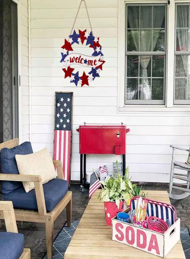 80UncleKimby 4th/Fourth of July Decorations Welcome Wreath for Front Door - Wooden Red White and Blue Star Sign, Patriotic Memorial Day Porch Home Wall Outside Decor - Image 4